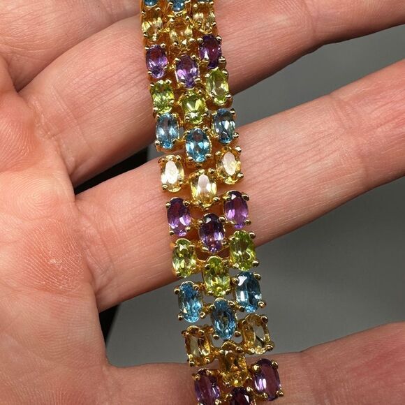 7" Amazing gold vermeil over 925 multi-gemstone bracelet! - Picture 3 of 12
